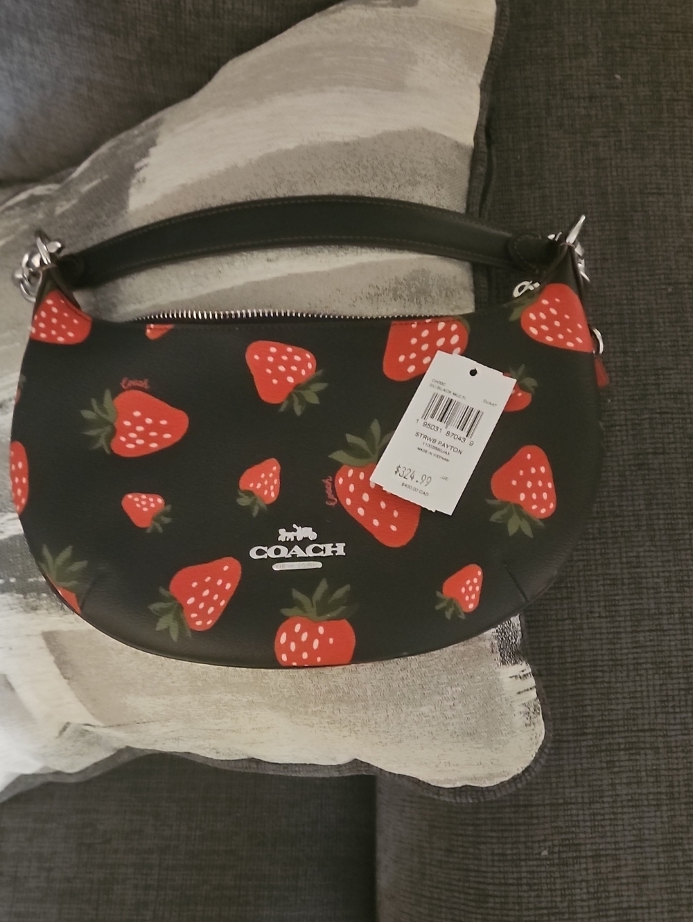Coach Black Leather Shoulder Bag with Red Strawberry Print